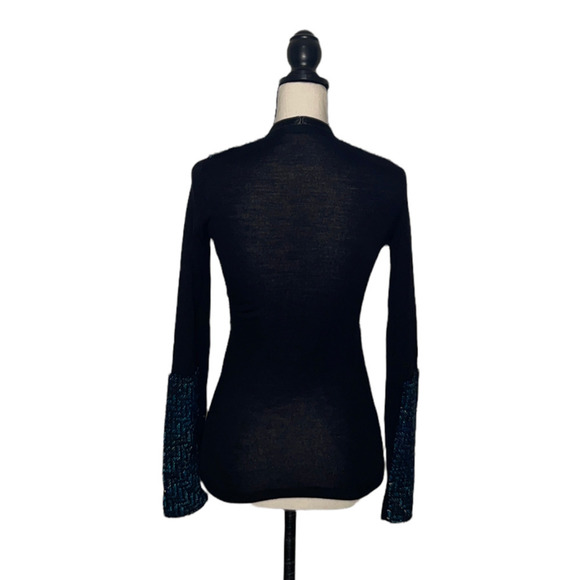 ELLIE Tahari Top Blue Black Twill Wool Blend Zippered Elbow Patch Womens X Small - Picture 10 of 12